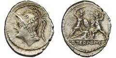 ANCIENT COINS Roman Republic, Q. Minucius Thermus M.f., DenariusVery interesting denarius with a picture on the reverse, a soldier of the Roman Army, saving his friend's life in a battle with the barb