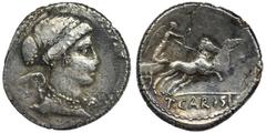 ANCIENT COINS Roman Republic, T. Carisius, DenariusRoman Republic T. Carisius, Denarius 46 BC, Rome mint Obverse: Victory bust right Reverse: Victory in biga right, holding reins and wreath, T·CARISI 