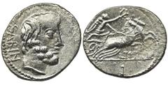 ANCIENT COINS Roman Republic, Titurius Sabinus, DenariusRoman Republic L. Titurius L. f. Sabinus (89 BC), Denarius 89 BC, Rome mint Obverse: bareheaded, bearded head of King Tatius right, SABIN downwa
