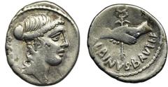 ANCIENT COINS Roman Republic, Decimus Iunius Brutus Albinus, DenariusRoman RepublicDecimus Iunius Brutus Albinus, Denarius 48 BC, mint Rome Obverse: Pietas head facing right PIETAS Reverse: two hands 