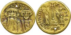 ANCIENT COINS Byzantine Empire, Constans II, with Constantine IV, Heraclius and Tiberius, SolidusCoin with a buttonhole. Byzantine Empire Constans II, Constantine IV, Heraclius and Tiberius (659-668),