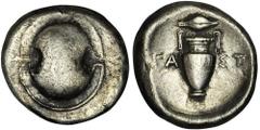 ANCIENT COINS Greece, Boeotia, Thebes, Stater - VERY RAREVery rare variant with the letters FA-ΣT, the initials of the magister Wast.Greece Boeotia, Thebes, Stater 390-382 BCObverse: boeotian shield R