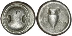 ANCIENT COINS Greece, Boeotia, Thebes, Stater - RARERare variant with the letters AΓ-ΛA, the initials of the magister Agla.Greece Boeotia, Thebes, Stater 363-338 BCObverse: boeotian shield Reverse: am
