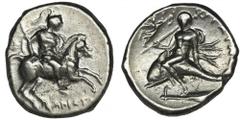 ANCIENT COINS Greece, Calabria, Tarentum, Nomos - RAREBeautiful didrachm (sometimes also called a nomos) minted in Tarentum - one of the most important poles in Calabria - between 272 and 240 BC.Scarc