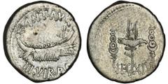 ANCIENT COINS Roman Republic, Marc Antony, DenariusEx. Agora Auctions, Auction 38, 2015. Roman RepublicMark Antony (32-31 BC), Denarius 32-31 BC, Patrae mint (?)Obverse: Praetorian galley, ANT AVG at 