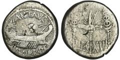 ANCIENT COINS Roman Republic, Marc Antony, DenariusLegionary emission.Roman RepublicMark Antony (32-31 BC), Denarius 32-31 BC, Patrae mint (?)Obverse: Praetorian galley, ANT AVG at the top, III VIR R 