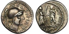 ANCIENT COINS Roman Republic, Pompeius Magnus, Denarius - RARERare denarius minted at the military mint in Greece and in such good condition, especially rare. Ex. Naville Numismatics, Auction 16, 2015
