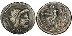 ANCIENT COINS Roman Republic, C. Vibius C. f. Pansa Caetronianus, DenariusRoman Republic C. Vibius C. f. C. n. Pansa Caetronianus (48 BC), Denarius 48 BC, Rome mintObverse: mask of bearded Pan to righ