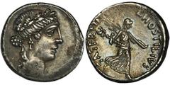 ANCIENT COINS Roman Republic, L. Hostilius Saserna, DenariusEx. Fritz Rudolf Künker, eLive Auction 40, 2016.Roman Republic L. Hostilius Saserna (48 BC), Denarius 48 BC, Rome mint Obverse: female head 