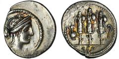 ANCIENT COINS Roman Republic, Faustus Cornelius Sulla, DenariusVery well preserved specimen with intersting reverse. Three trophies on the reverse of the denarius refer to Pompey military triumphs on 
