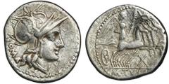 ANCIENT COINS Roman Republic, M. Tullius, DenariusRoman Republic C. Plautius (121 BC), Denarius 121 BC, mint Rome Obverse: helmeted head of Roma right, behind ROMA Reverse: Victory holding reins and p