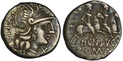 ANCIENT COINS Roman Republic, Cn. Lucretius Trio, DenariusRoman RepublicCn. Lucretius Trio (136 BC), Denarius 136 BC, Rome mint Obverse: helmeted head of Roma to right, TRIO downwards behind, X (mark 