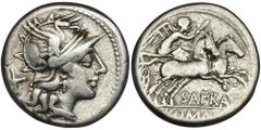 ANCIENT COINS Roman Republic, Spurius Afranius, DenariusRoman Republic Spurius Afranius (150 BC), Denarius 150 BC, Rome mint Obverse: helmeted head of Roma right, wearing winged helmet ornamented with