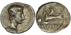 ANCIENT COINS Roman Imperial, Octavian Augustus, Denarius - VERY RAREVery rare denarius with capricorn left.Roman ImperialOctavian Augustus (27 BC-14 AD), Denarius 18-17 BC, Colonia Patricia mint Obve