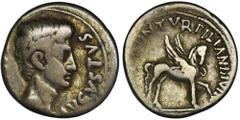 ANCIENT COINS Roman Imperial, Octavian Augustus, Denarius - RARERare denarius of Octavian with pegasus on the reverse.Ex. H. D. Rauch, E-Auction 20, 2016.Roman ImperialOctavian Augustus (27 BC-14 AD),