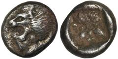 ANCIENT COINS Greece, Ionia, Milet, DiobolGreeceIonia, Milet, Diobol 525-475 BCObverse: head of lion left Reverse: ornament in the form of a four-leaf flower inside an incusum squareDiameter 9 mm, wei