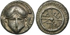 ANCIENT COINS Greece, Thrace, Messembria, DiobolGreeceThrace, Mesembria, Thrace, Diobol 420-320 BC Obverse: crested corinthian helmet facingReverse: M E T A in four quarters of wheel, surrounded by bo