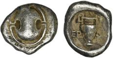 ANCIENT COINS Greece, Boeotia, Orchomenos, StaterGreece Boeotia, Orchomenos, Stater 385-375 BCObverse: boeotian shield Reverse: amphora, EP-XO across field, EY above Diameter 24 mm, weight 11.26 g Gre