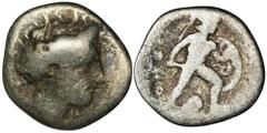 ANCIENT COINS Greece, Lokris, Opus, HemidrachmInteresting Lokrian hemidrachm, with a helmet placed under Ajax's feet, and a wreathed Persephone's head with horns. The portrait of Persephone presented 