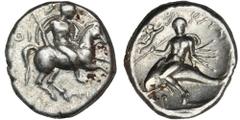ANCIENT COINS Greece, Calabria, Tarentum, NomosBeautiful didrachm (sometimes also called a nomos) minted in Tarentum - one of the most important poles in Calabria. GreeceCalabria, Tarentum, Didrachm 2