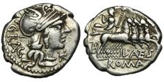 ANCIENT COINS Roman Republic, L. Antestius Gragulus, DenariusRoman RepublicL. Antestius Gragulus (136 BC), Denarius 136 BC, Rome mintObverse: helmeted head of Roma to right; mark of value before, GRAG