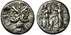 ANCIENT COINS Roman Republic, Furius Philus, DenariusRoman Republic L. Furius Philus (121 BC), Denarius 121 BC, Rome mint Obverse: aureate head of JanusM•FOVRI•L•F Reverse: Roma standing left, holding