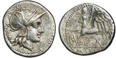 ANCIENT COINS Roman Republic, M. Tullius, DenariusRoman Republic C. Plautius (121 BC), Denarius 121 BC, mint Rome Obverse: helmeted head of Roma right, behind ROMA Reverse: Victory holding reins and p