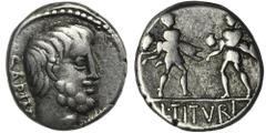 ANCIENT COINS Roman Republic, Titurius Sabinus, DenariusRoman Republic L. Titurius L. f. Sabinus (89 BC), Denarius 89 BC, Rome mint Obverse: bareheaded, bearded head of King Tatius right, SABIN downwa