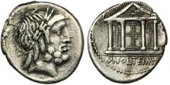 ANCIENT COINS Roman Republic, Volteius, DenariusEx. ACR Auctions, 2014.Roman RepublicM. Volteius M. f., Denarius 75 BC, Rome mintObverse: laureate and bearded head of Jupiter rightReverse: Tetrastyle 