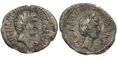ANCIENT COINS Roman Republic, Marc Antony and Octavian, Denarius - RARERare Mark Antony and Octavian denarius minted in the portable military mint at Ephesus.Planchet crancked.Roman RepublicMark Anton