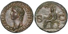 ANCIENT COINS Roman Imperial, Caligula, AsRoman Imperial Caligula (37-41), As 37-38, Rome mint Obverse: bare head leftC CAESAR AVG GERMANICVS PON M TR POTReverse: Vesta seated left on ornamental thron