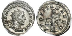 ANCIENT COINS Roman Imperial, Philip I, Antoninianus - NGC MSPerfeclty preserved antoninianus of Philip I.Speciemen with intense mint luster.Coin received the highest grade by NGC with 5/5 for the str