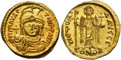 ANCIENT COINS Byzantine Empire, Mauricius Tiberius, SolidusByzantine Empire Mauricius Tiberius (582-602), Solidus, Constantinople mintObverse: bust of Emperor with diadem facing rightD N mAVRC TIЬ P P