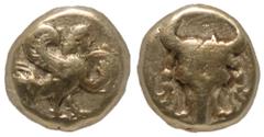 Greek Coins Ionia, Uncertain Mint, 5th Century BC Electrum 1/12th Stater Obverse: Siren standing right holding tympanon. Reverse: Bucranium facing with fillets hanging from each horn. Rosen 369 Extrem