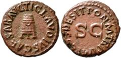 Roman Imperial Coins Claudius I, 41 - 54 AD AE Quadrans, Rome Mint, 17mm, 3.28 grams Obverse: TI CLAVDIVS CAESAR AVG, Three-legged modius. Reverse: PON M TR P IMP COS DES IT around large S C. RIC 84 V