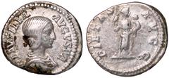 Roman Imperial Coins Plautilla, 202 - 205 AD Silver Denarius, Rome Mint, 19mm, 2.96 grams Obverse: PLAVTILLA AVGVSTA, Draped bust of Plautilla right. Reverse: PIETAS AVGG, Pietas standing left holding