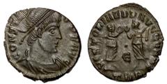 Roman Imperial Coins Constans, 337 - 350 AD AE Follis, Treveri Mint, 16mm, 1.81 grams Obverse: CONSTANS P F AVG, Diademed, draped and cuirassed bust of Constans right. Reverse: VICTORIAE DD AVGG Q NN,