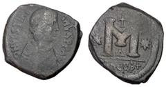 Byzantine Coins Justinian I, 527 - 565 AD AE Follis, Theoupolis Mint, 33mm, 14.21 grams Obverse: D N IVSTINIANVS PP AVI, Diademed, draped and cuirassed bust of Justinian right. Reverse: Large M, stars