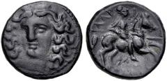 Greek Coins Thessaly, Larissa, 3rd Century BC AE Dichalkon, 19mm, 5.99 grams Obverse: Head of nymph Larissa facing slightly left. Reverse: Warrior on horse rearing right holding spear. BCD393.7 ex Tom
