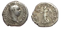 Roman Coins Trajan, 98 - 117 AD Silver Denarius, Rome Mint, 19mm, 3.17 grams Obverse: IMP CAES NERVA TRAIAN AVG GERM, Laureate head of Trajan right. Reverse: P M TR P COS IIII P P, Victory advancing l