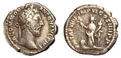 Roman Coins Commodus, 177 - 192 AD Silver Denarius, Rome Mint, 18mm, 2.83 grams Obverse: M COMMODVS ANTON AVG PIVS, Laureate head of Commodus right. Reverse: P M TR P VIIII IMP VI COS IIII P P, Felici