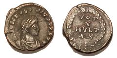 Roman Coins Theodosius I, 379 - 395 AD AE14, Alexandria Mint, 1.69 grams Obverse: DN THEODOSIVS P F AVG, Pearl diademed, draped and cuirassed bust of Theodosius right. Reverse: VOT X MVLT XX within la