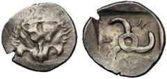 Greek Coins Dynasts of Lycia, Mithrapata, 390 - 370 BC Silver 1/6th Stater, Uncertain Mint, 13mm, 1.18 grams Obverse: Facing lion scalp. Reverse: Triskeles within incuse square, E in one quadrant. Unp