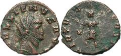 Roman Coins Gallienus, 253 - 268 AD AE Antoninianus, Rome Mint, 19mm, 2.71 grams Obverse: GALLIENVS AVG, Radiate head of Gallienus right. Reverse: VIRTVS AVGVSTI, Mars standing left, foot on helmet, h