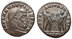 Roman Coins Maxentius, 306 - 312 AD AE Follis, Ostia Mint, 24mm, 5.87 grams Obverse: IMP C MAXENTIVS P F AVG, Laureate head of Maxentius right. Reverse: AETERNITAS AVG N, Castor and Pollux standing fa