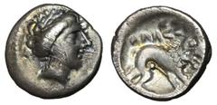 Greek Coins Southern Gaul, Insubres, 1st Century BC Silver Tetrobol, 16mm, 2.46 grams Obverse: Female head right. Reverse: Lion standing right, MASS above. CCCBM II, 18-20 Imitating the types of Massa