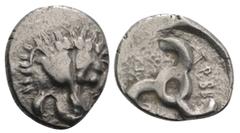 Greek Coins Dynasts of Lycia, Trbbenimi, 380 - 370 BC Silver Tetrobol, 15mm, 2.61 grams Obverse: Lion scalp facing. Reverse: Triskeles. SNGvonAulock4215