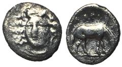 Greek Coins Thessaly, Larissa, 356 - 337 BC Silver Obol, 10mm, 0.53 grams Obverse: Head of the nymph Larissa facing slightly left with ampyx in her hair. Reverse: Horse with straight legs grazing righ