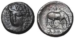 Greek Coins Thessaly, Larissa, 380 - 365 BC AE Dichalkon, 16mm, 4.32 grams Obverse: Head of the nymph Larissa facing slightly left wearing ampyx and necklace. Reverse: Horse standing left preparing to