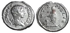 Roman Imperial Coins Geta, as Caesar, 109 - 209 AD Silver Denarius, Rome Mint, 19mm, 3.29 grams Obverse: GETA CAES PONT COS, Draped bust of Geta right. Reverse: VOTA PVBLICA, Geta, veiled, standing le
